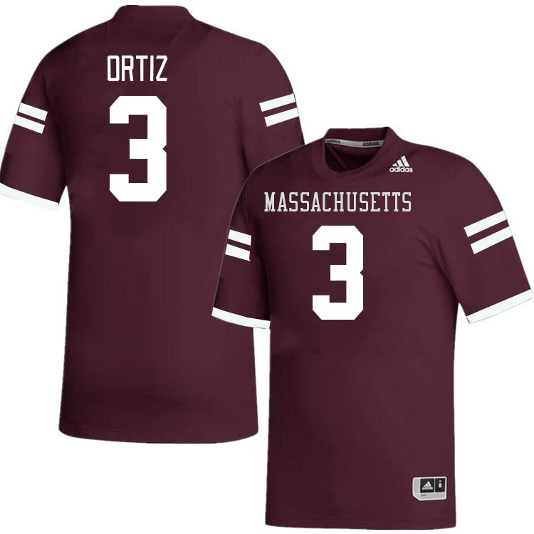 Massachusetts Minutemen #3 Steven Ortiz College Football Jerseys Stitched-Maroon